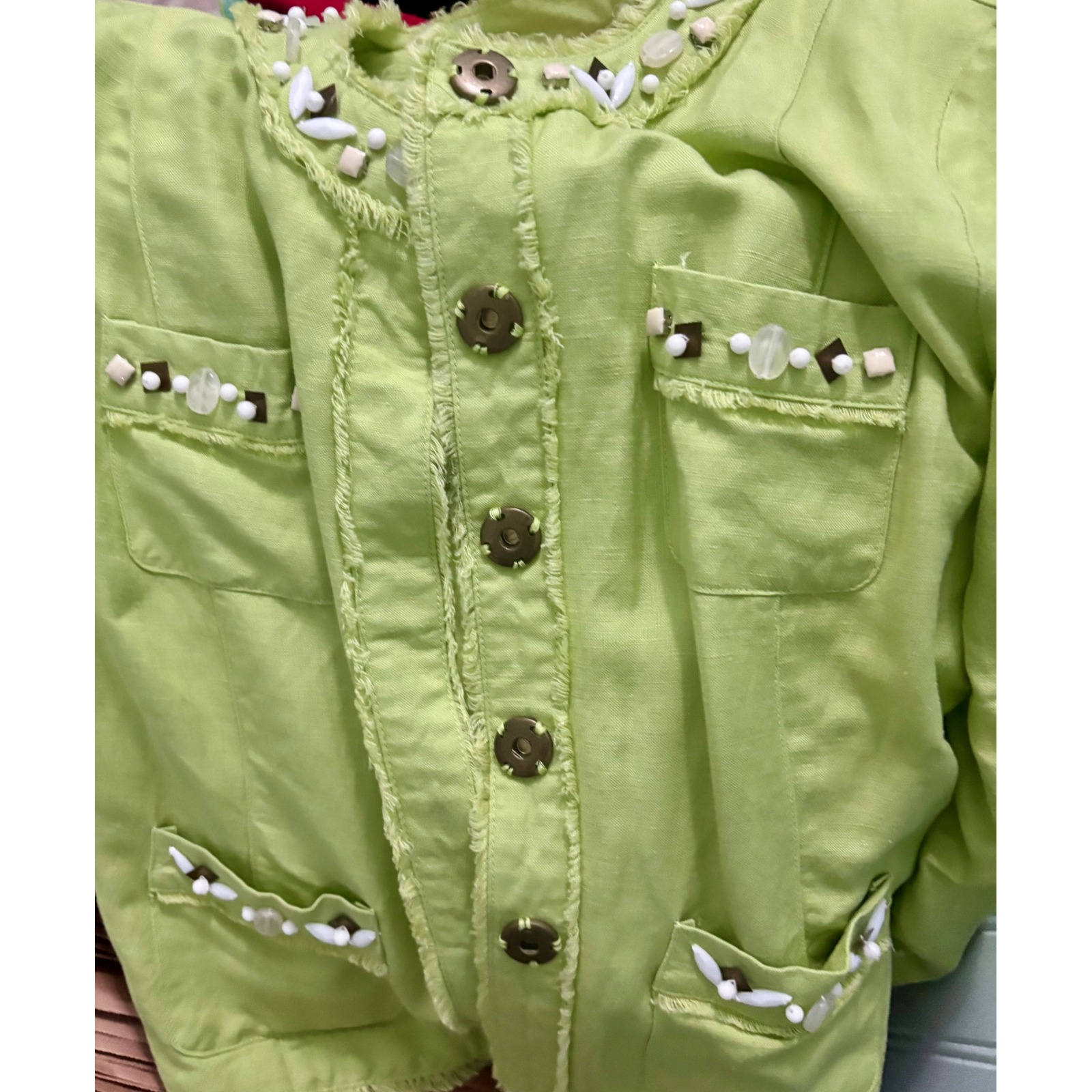 Ruby Rd Petite 3 Piece Skirt Set Lime Green Linen Jacket Beaded Top Floral Skirt